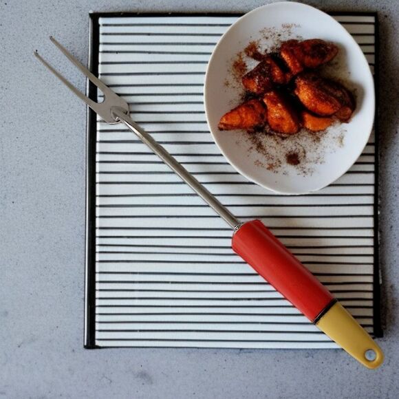 A&J Ecko Serving Fork Vintage Red Yellow Handle Stainless Steel USA Melamine - Picture 1 of 16